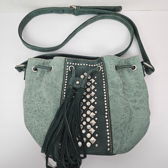 Montana West Green Canvas/Faux Leather Studded Suede Tassel Crossbody Bucket Bag - Picture 7 of 11